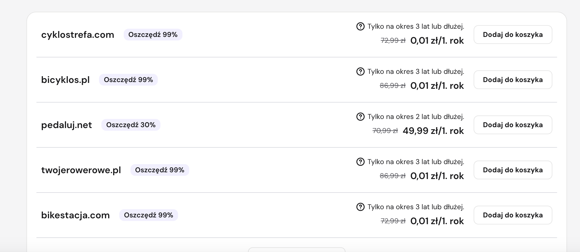 Domain search results: a very low promotional price for the first year next to a struck-through regular price, with a note "Only for a period of 3 years or longer"