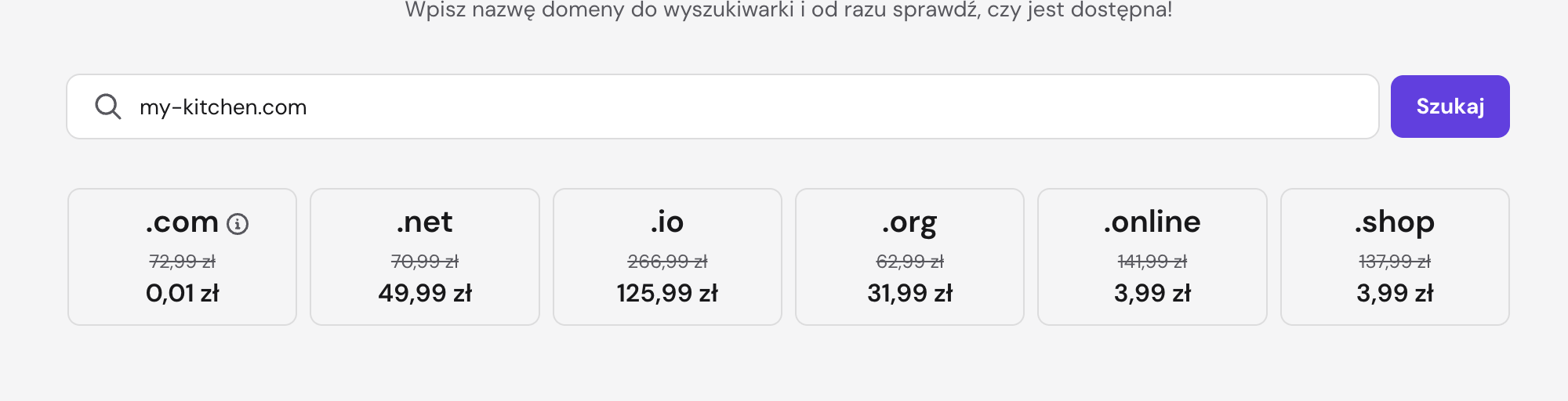 Price comparison of different domain extensions (.com, .net, .io, .org, .online, .shop) — a struck-through regular price next to a lower promotional price